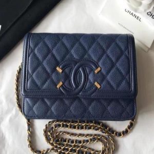 Chanel Wallet On Chain – WOC CC Filigree Dark Blue Grained Calfskin